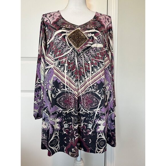 Cato Womens Floral Geometric Tunic Top Sz 18/20W Beaded Accent Boho Hippie Soft - Picture 1 of 8